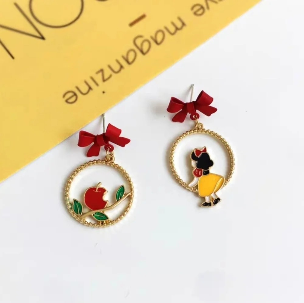 Disney Style Snow White Drop Earrings Red Bow & Poison Apple Dangles